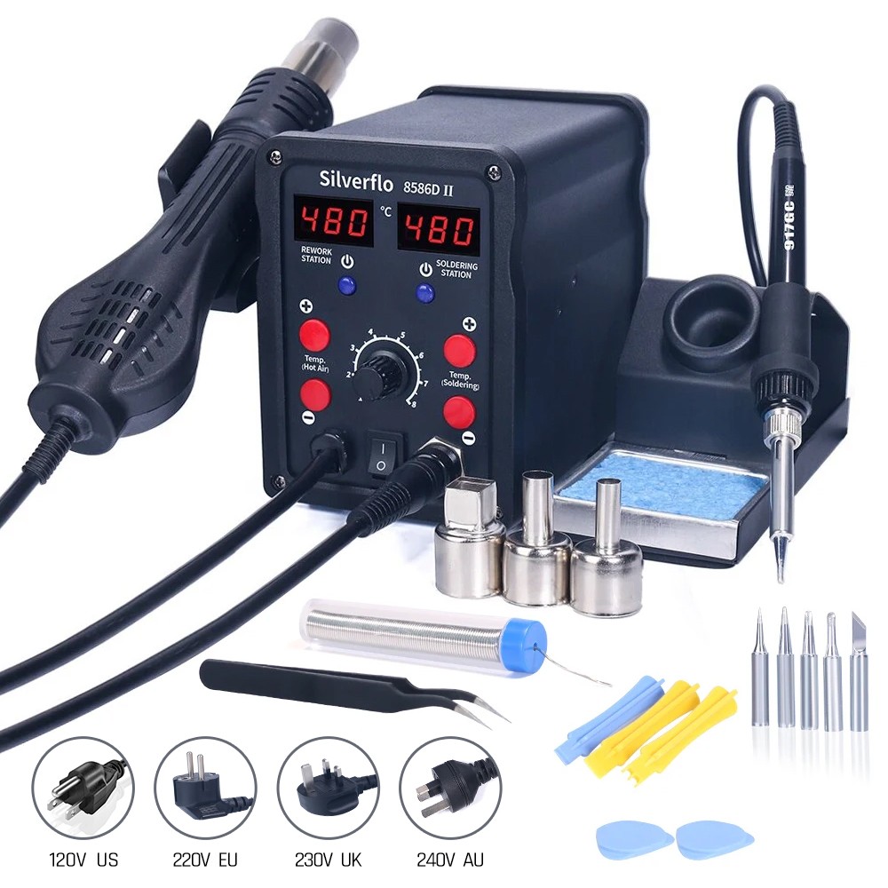 Silverflo 8586D Soldering Stat - Smd Rework Station Hot Air Soldering 2 In 1 ulasan dan harga